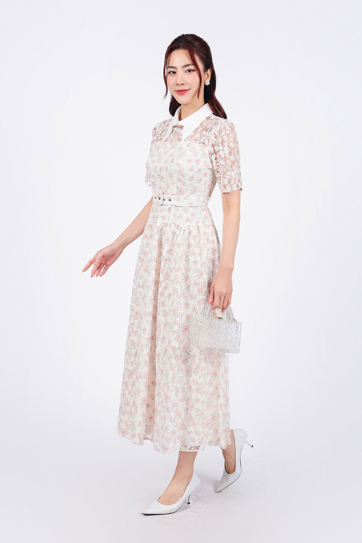 FDC75058 - Đầm công sở vải ren hoa hai lớp lót tơ dáng suông cổ đức eo phối đai tạo kiểu - PANTIO