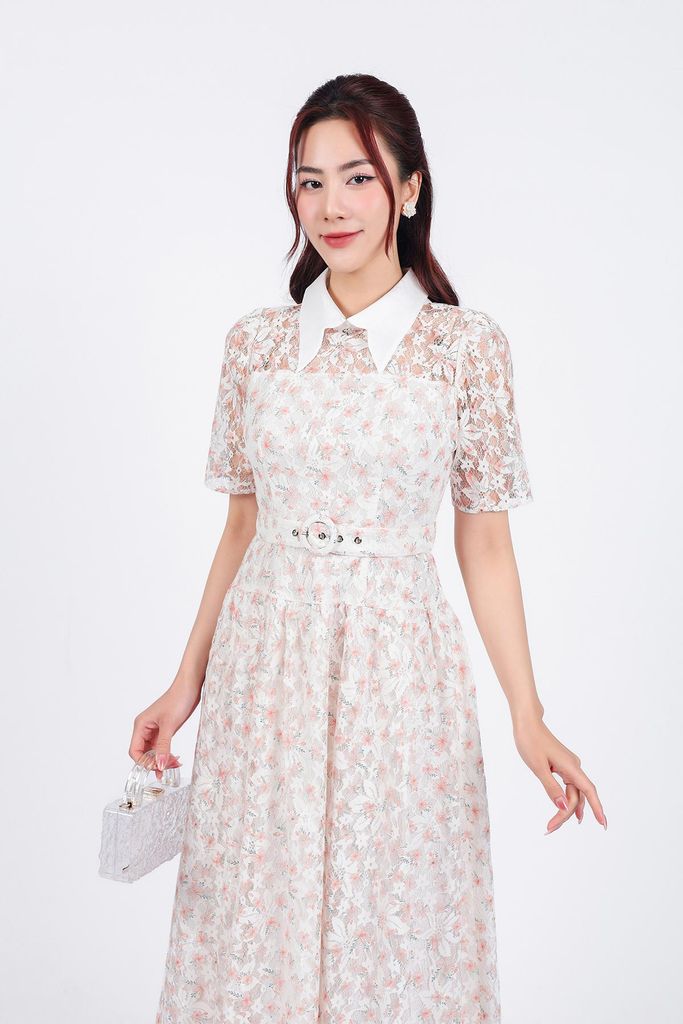 FDC75058 - Đầm công sở vải ren hoa hai lớp lót tơ dáng suông cổ đức eo phối đai tạo kiểu - PANTIO