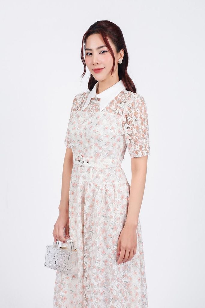 FDC75058 - Đầm công sở vải ren hoa hai lớp lót tơ dáng suông cổ đức eo phối đai tạo kiểu - PANTIO