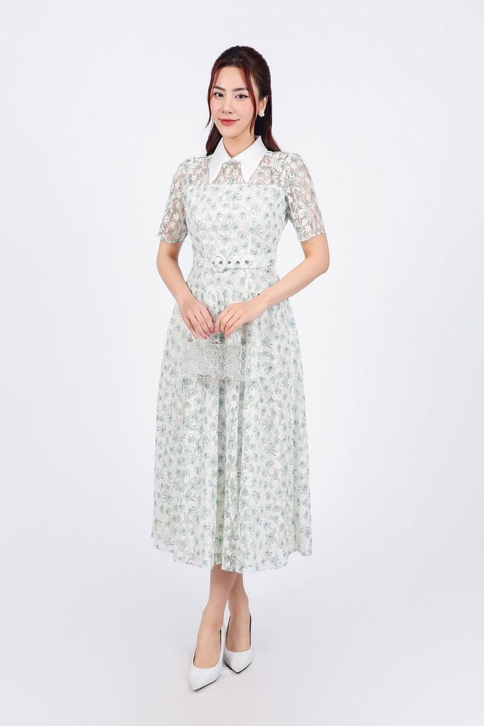 FDC75058 - Đầm công sở vải ren hoa hai lớp lót tơ dáng suông cổ đức eo phối đai tạo kiểu - PANTIO