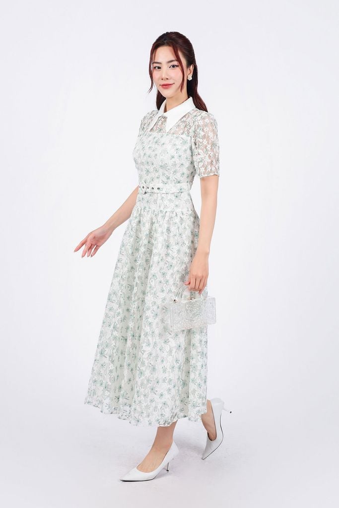 FDC75058 - Đầm công sở vải ren hoa hai lớp lót tơ dáng suông cổ đức eo phối đai tạo kiểu - PANTIO