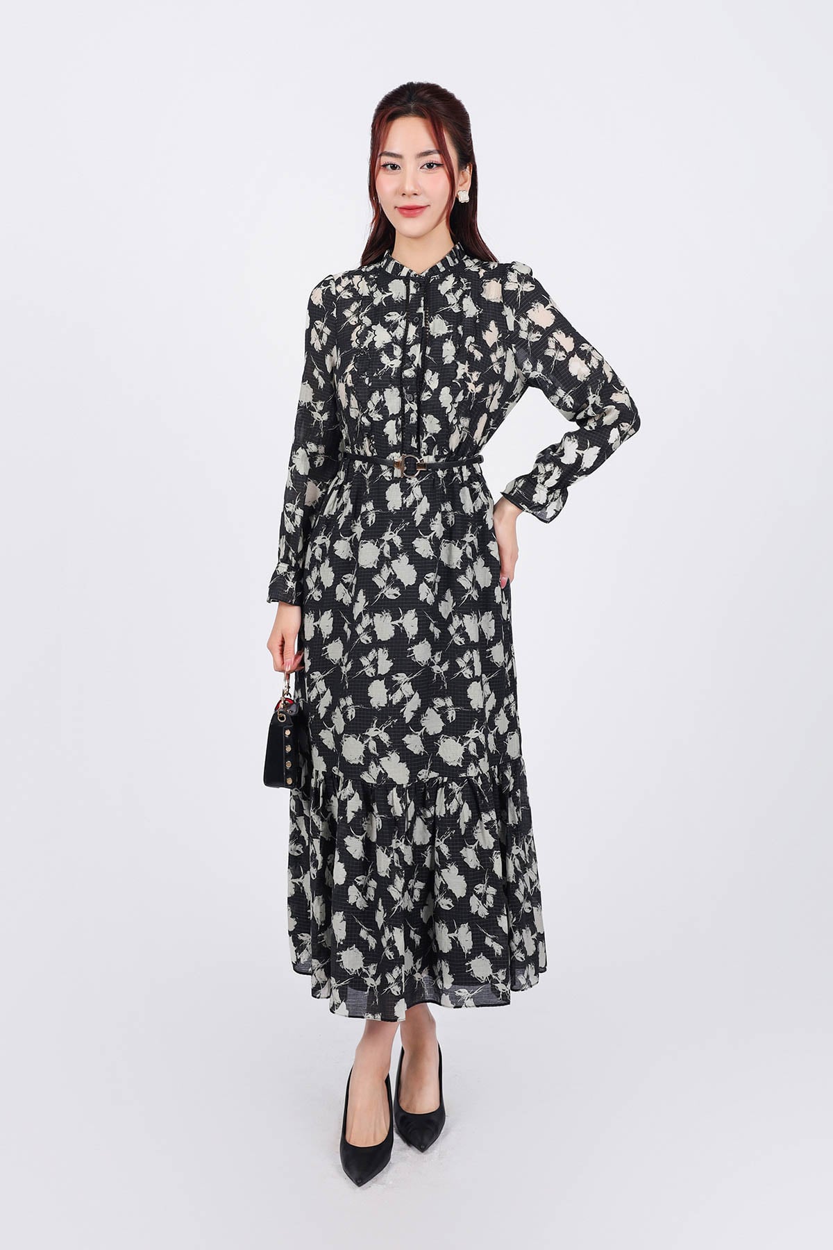 FDC75079 - Đầm công sở vải tơ dáng suông cổ tròn đính viền tạo kiểu tay dài thân sau phối chun co giãn - PANTIO