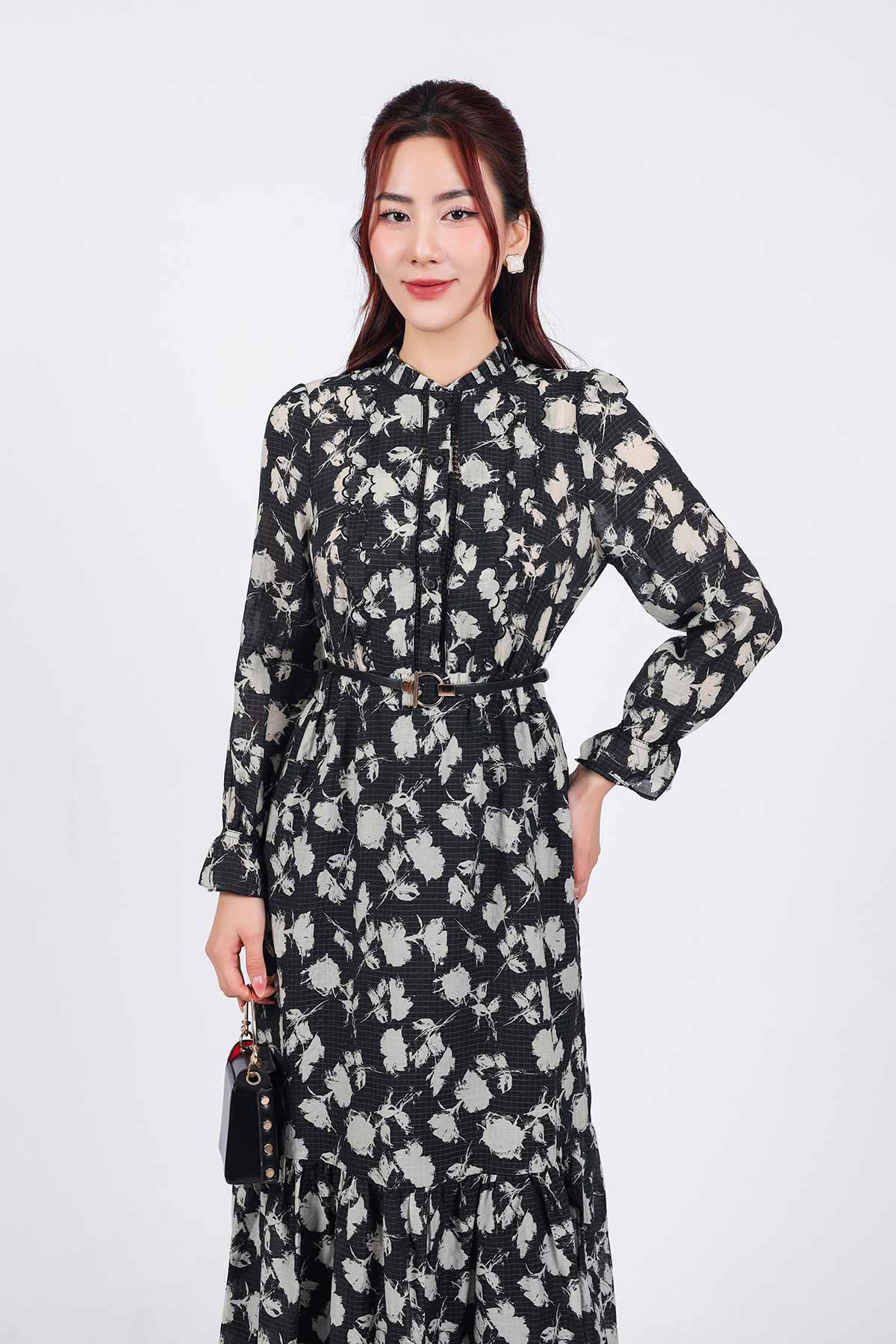 FDC75079 - Đầm công sở vải tơ dáng suông cổ tròn đính viền tạo kiểu tay dài thân sau phối chun co giãn - PANTIO