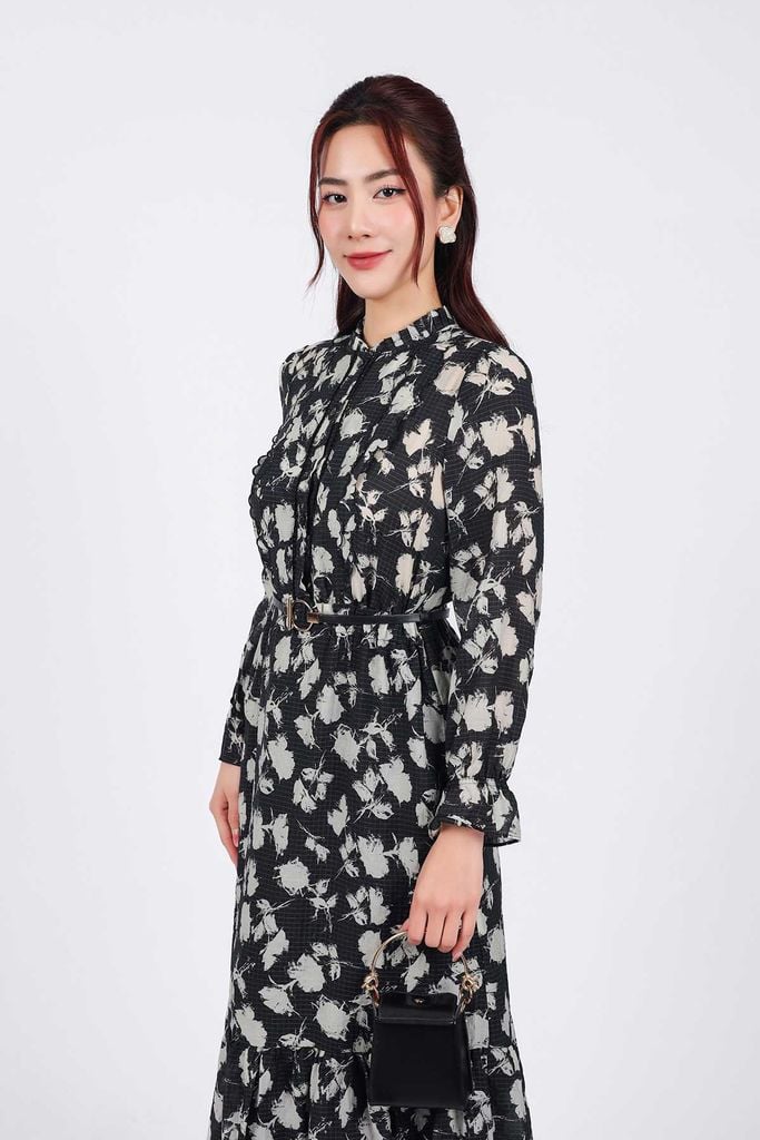 FDC75079 - Đầm công sở vải tơ dáng suông cổ tròn đính viền tạo kiểu tay dài thân sau phối chun co giãn - PANTIO