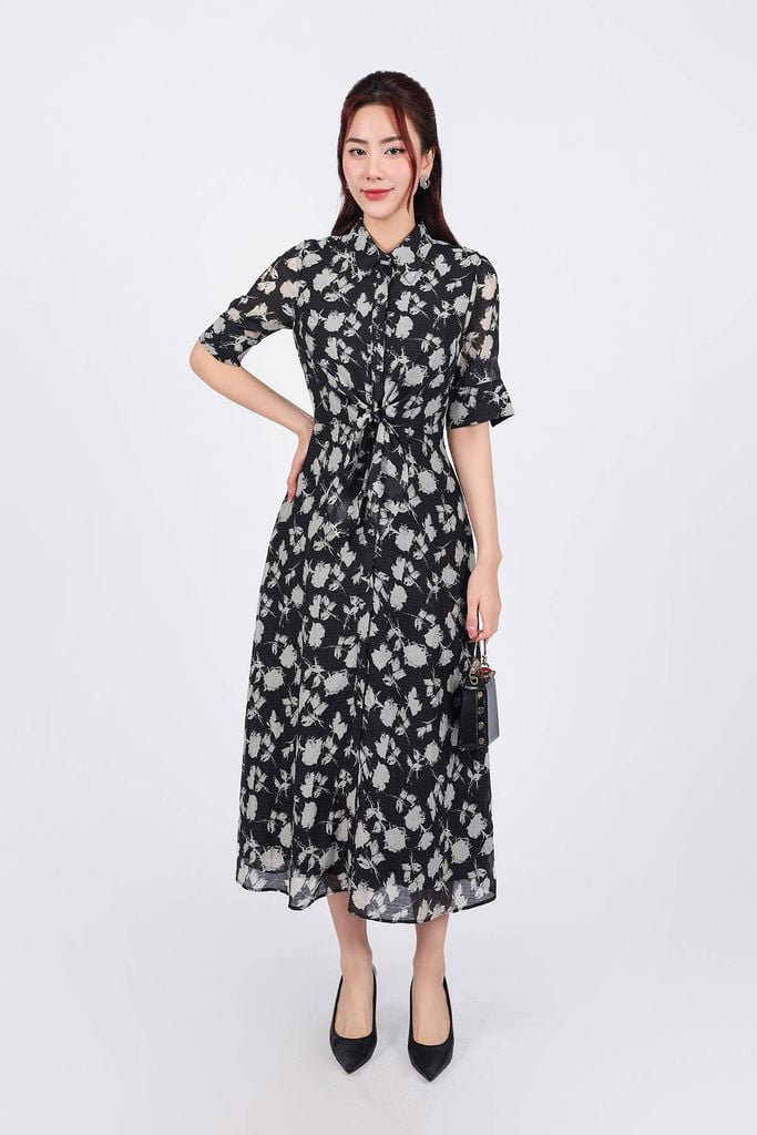 FDC75080 - Đầm công sở vải tơ dáng suông cổ đức tay lỡ cài khuy thân trước eo phối vạt thắt eo tạo kiểu - PANTIO