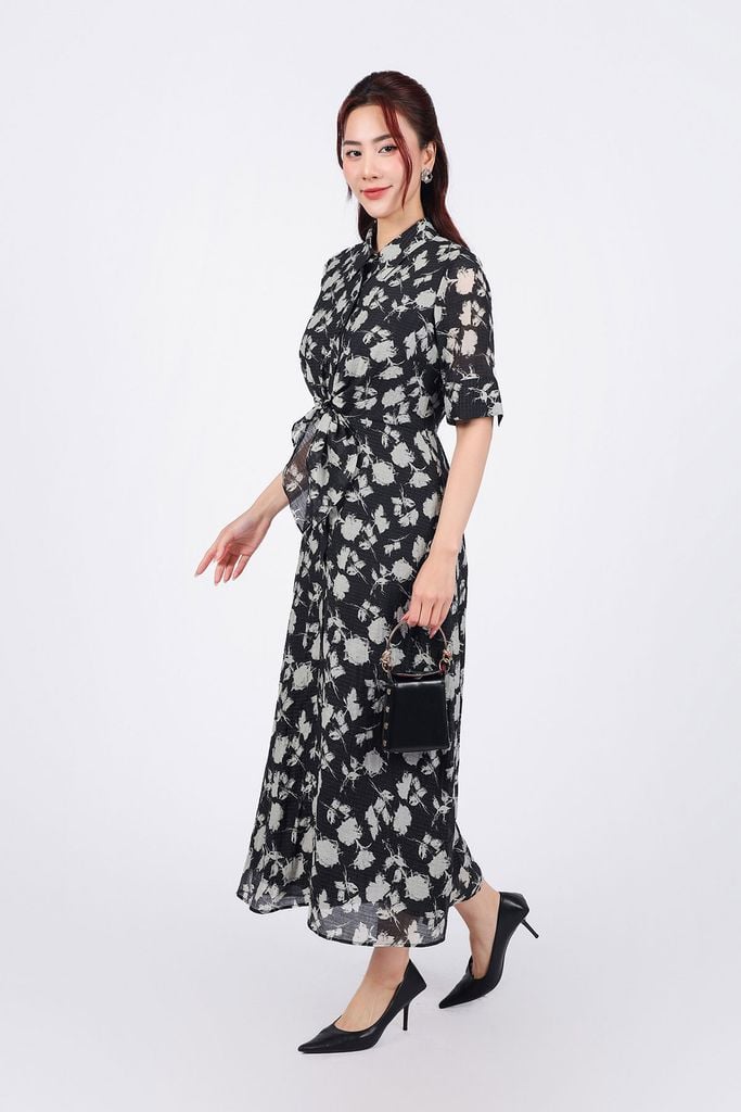 FDC75080 - Đầm công sở vải tơ dáng suông cổ đức tay lỡ cài khuy thân trước eo phối vạt thắt eo tạo kiểu - PANTIO