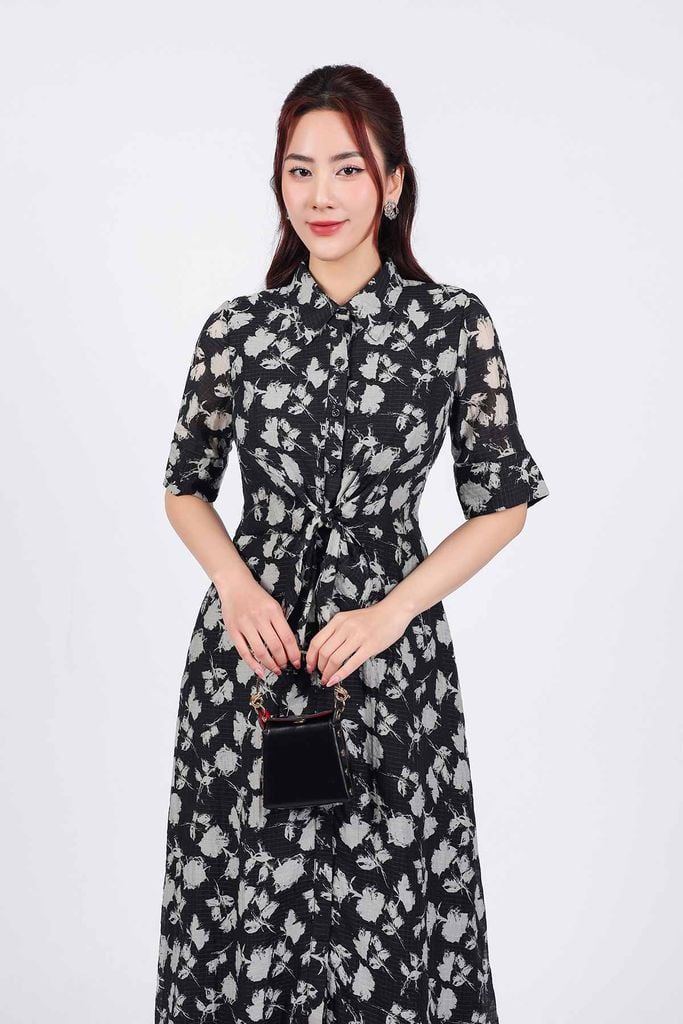 FDC75080 - Đầm công sở vải tơ dáng suông cổ đức tay lỡ cài khuy thân trước eo phối vạt thắt eo tạo kiểu - PANTIO