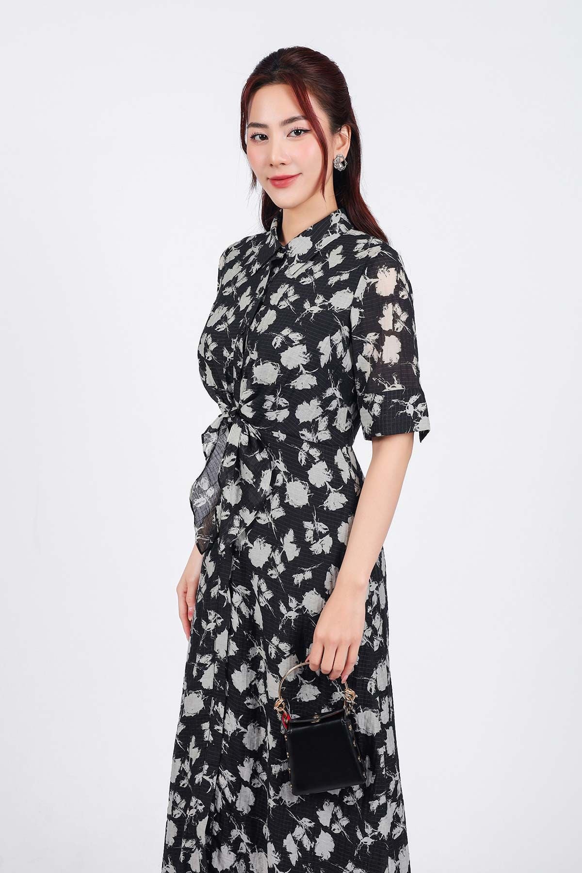 FDC75080 - Đầm công sở vải tơ dáng suông cổ đức tay lỡ cài khuy thân trước eo phối vạt thắt eo tạo kiểu - PANTIO