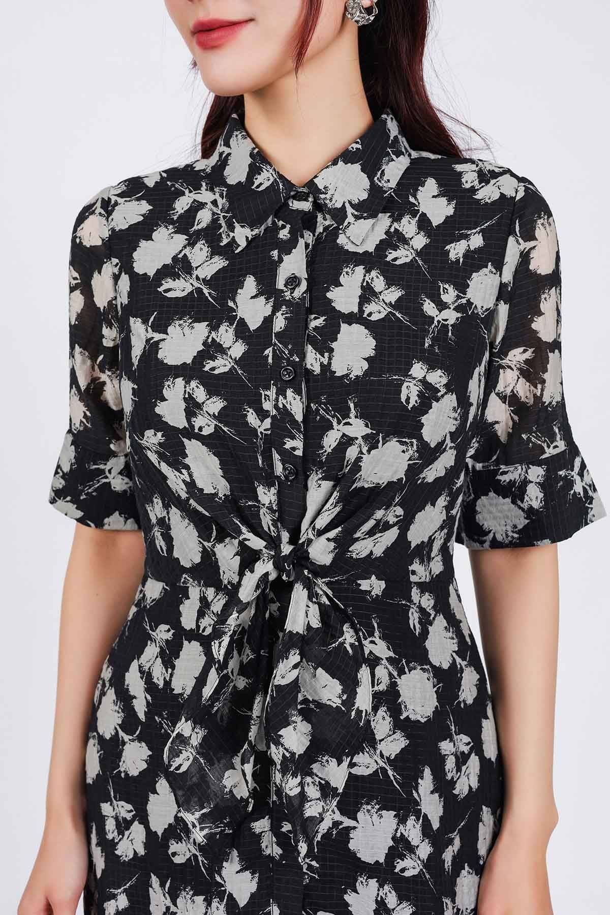 FDC75080 - Đầm công sở vải tơ dáng suông cổ đức tay lỡ cài khuy thân trước eo phối vạt thắt eo tạo kiểu - PANTIO