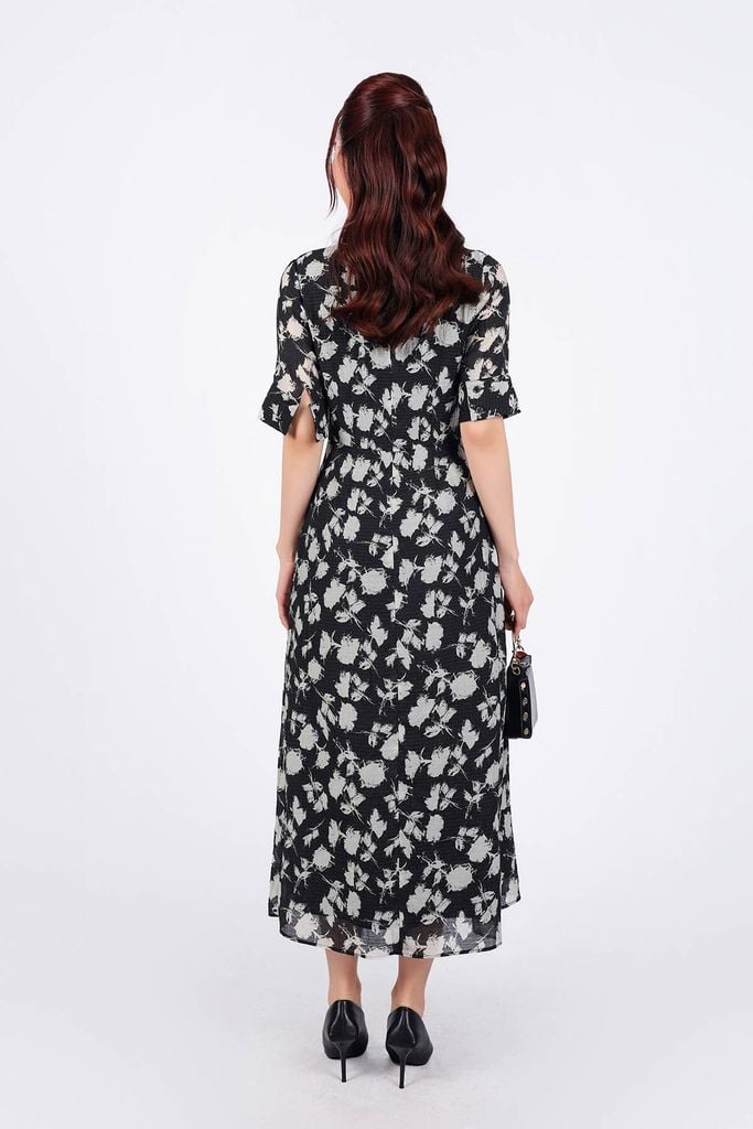 FDC75080 - Đầm công sở vải tơ dáng suông cổ đức tay lỡ cài khuy thân trước eo phối vạt thắt eo tạo kiểu - PANTIO