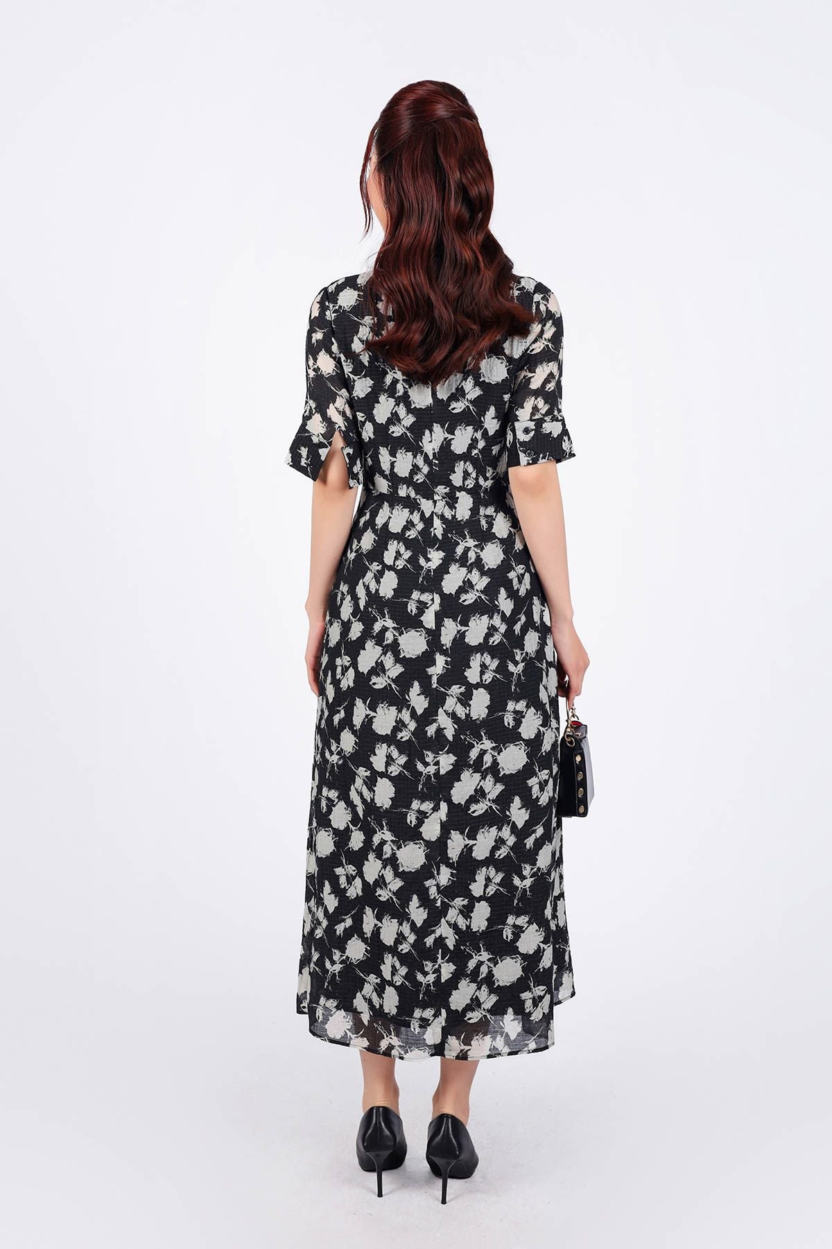 FDC75080 - Đầm công sở vải tơ dáng suông cổ đức tay lỡ cài khuy thân trước eo phối vạt thắt eo tạo kiểu - PANTIO