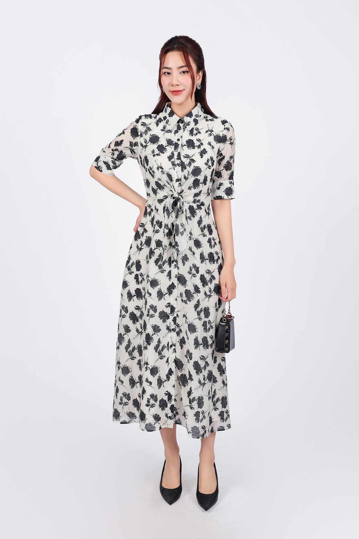 FDC75080 - Đầm công sở vải tơ dáng suông cổ đức tay lỡ cài khuy thân trước eo phối vạt thắt eo tạo kiểu - PANTIO