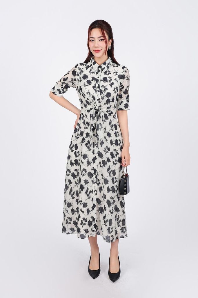 FDC75080 - Đầm công sở vải tơ dáng suông cổ đức tay lỡ cài khuy thân trước eo phối vạt thắt eo tạo kiểu - PANTIO