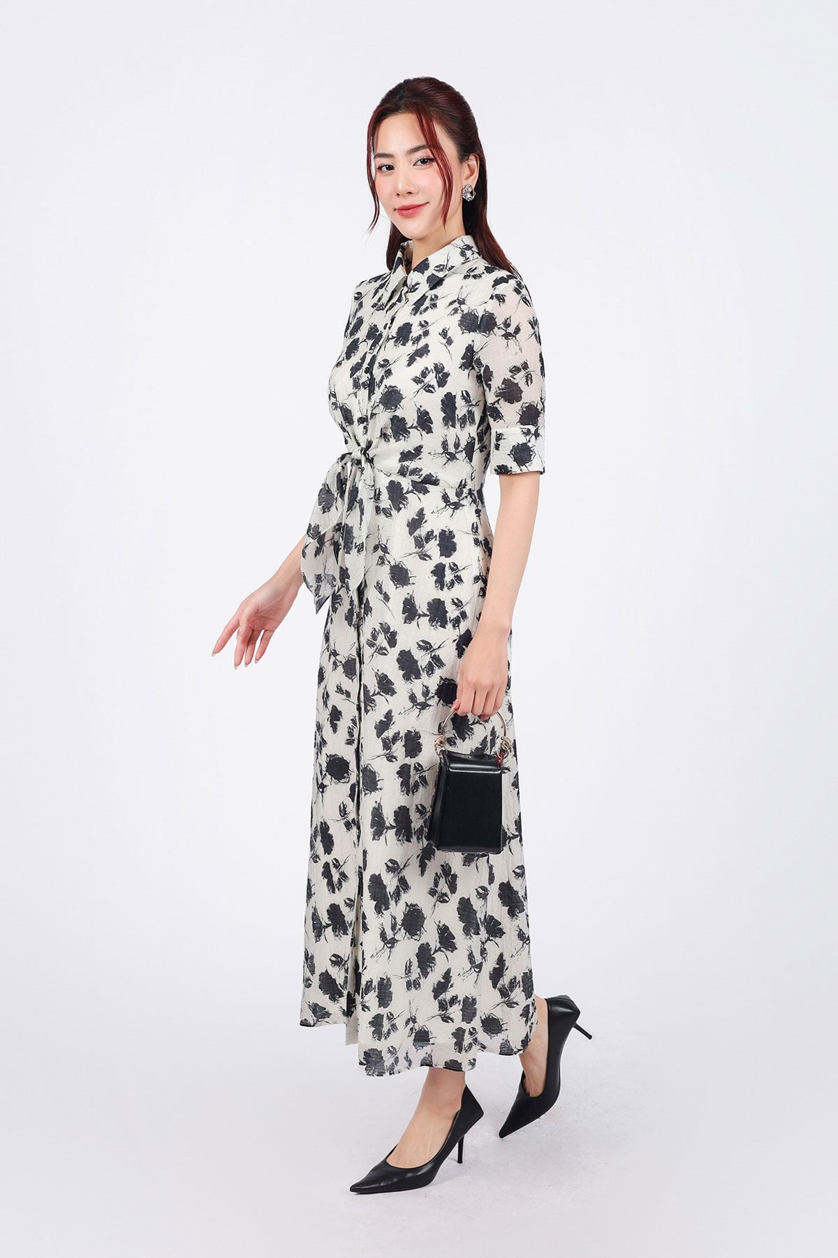 FDC75080 - Đầm công sở vải tơ dáng suông cổ đức tay lỡ cài khuy thân trước eo phối vạt thắt eo tạo kiểu - PANTIO