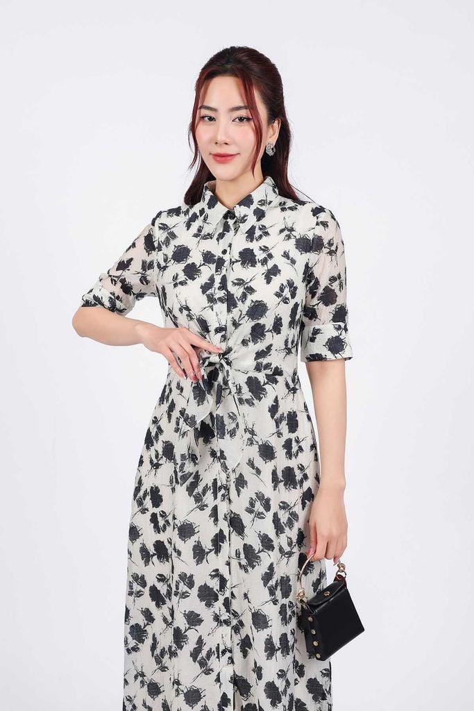 FDC75080 - Đầm công sở vải tơ dáng suông cổ đức tay lỡ cài khuy thân trước eo phối vạt thắt eo tạo kiểu - PANTIO