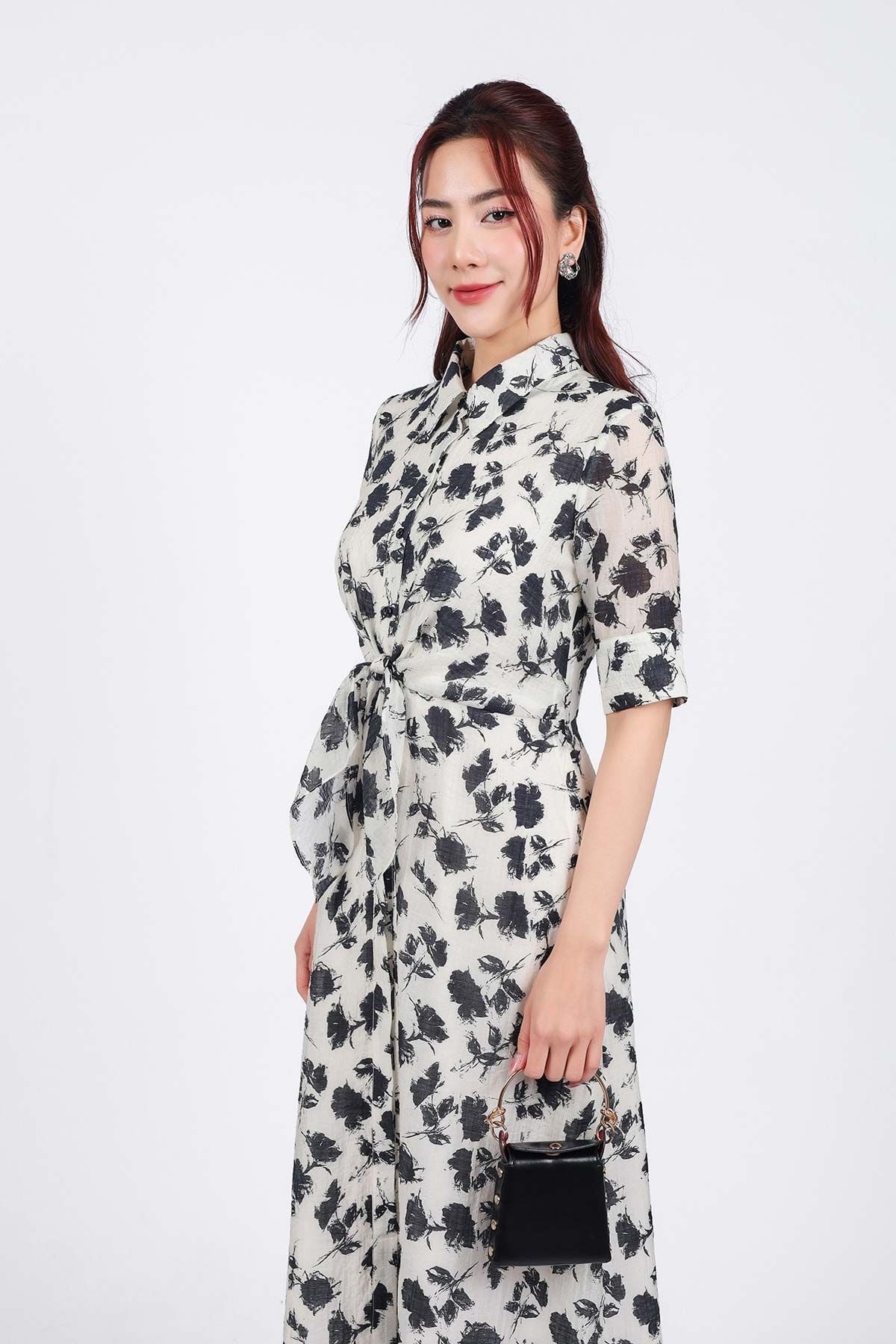 FDC75080 - Đầm công sở vải tơ dáng suông cổ đức tay lỡ cài khuy thân trước eo phối vạt thắt eo tạo kiểu - PANTIO