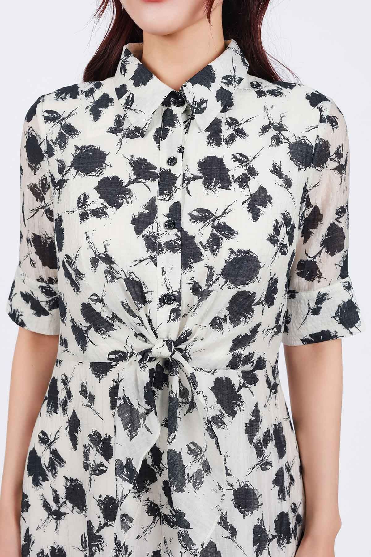 FDC75080 - Đầm công sở vải tơ dáng suông cổ đức tay lỡ cài khuy thân trước eo phối vạt thắt eo tạo kiểu - PANTIO