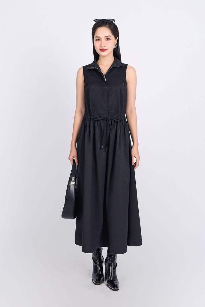 FDC75110 - Đầm công sở vải kaki dáng suông cổ kiểu phối khóa kim loại thời trang thân váy phối nhún rút dây tạo kiểu - PANTIO