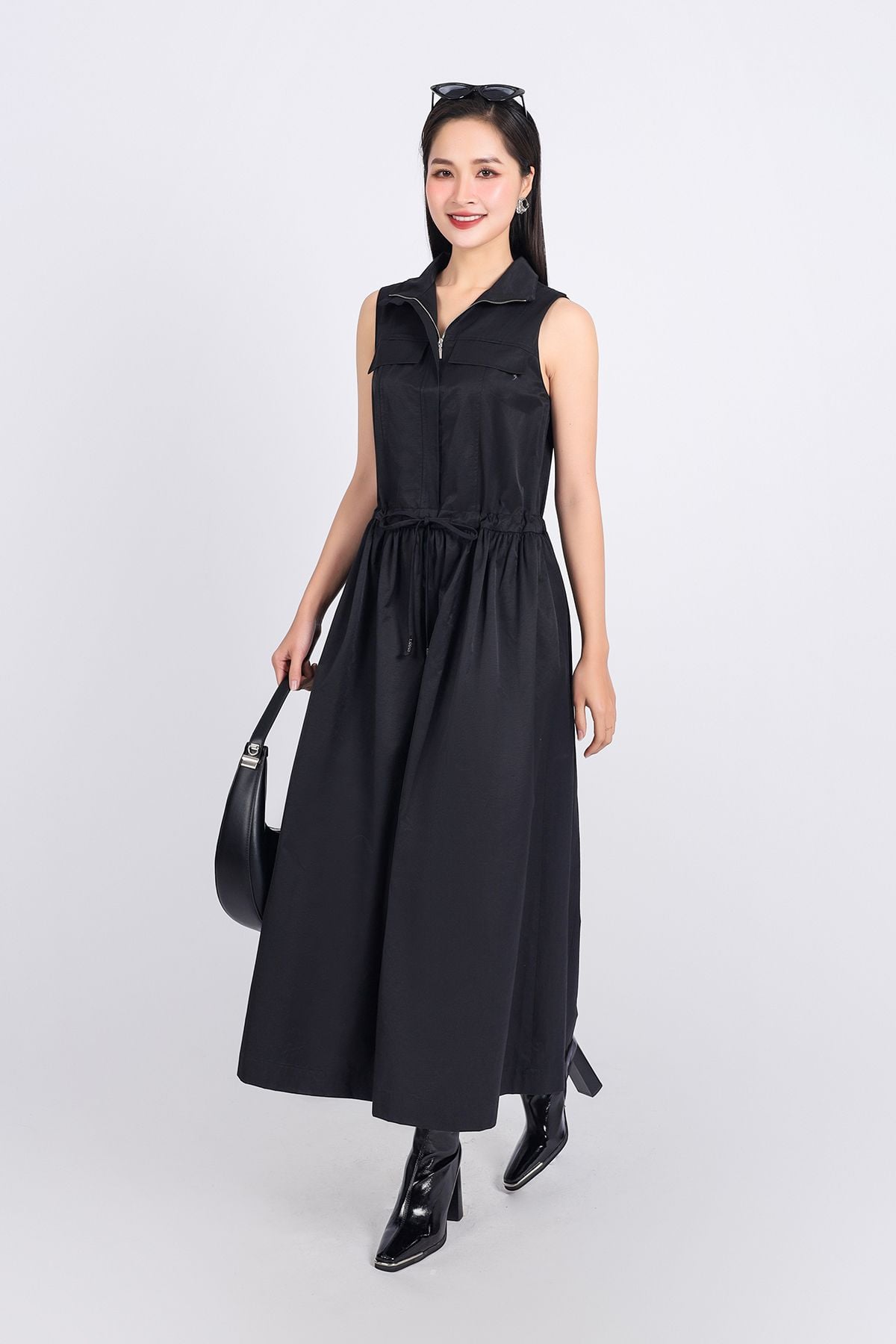 FDC75110 - Đầm công sở vải kaki dáng suông cổ kiểu phối khóa kim loại thời trang thân váy phối nhún rút dây tạo kiểu - PANTIO