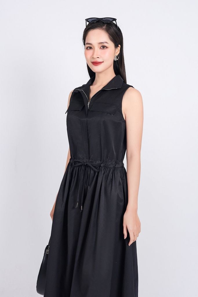 FDC75110 - Đầm công sở vải kaki dáng suông cổ kiểu phối khóa kim loại thời trang thân váy phối nhún rút dây tạo kiểu - PANTIO