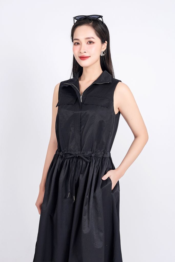 FDC75110 - Đầm công sở vải kaki dáng suông cổ kiểu phối khóa kim loại thời trang thân váy phối nhún rút dây tạo kiểu - PANTIO