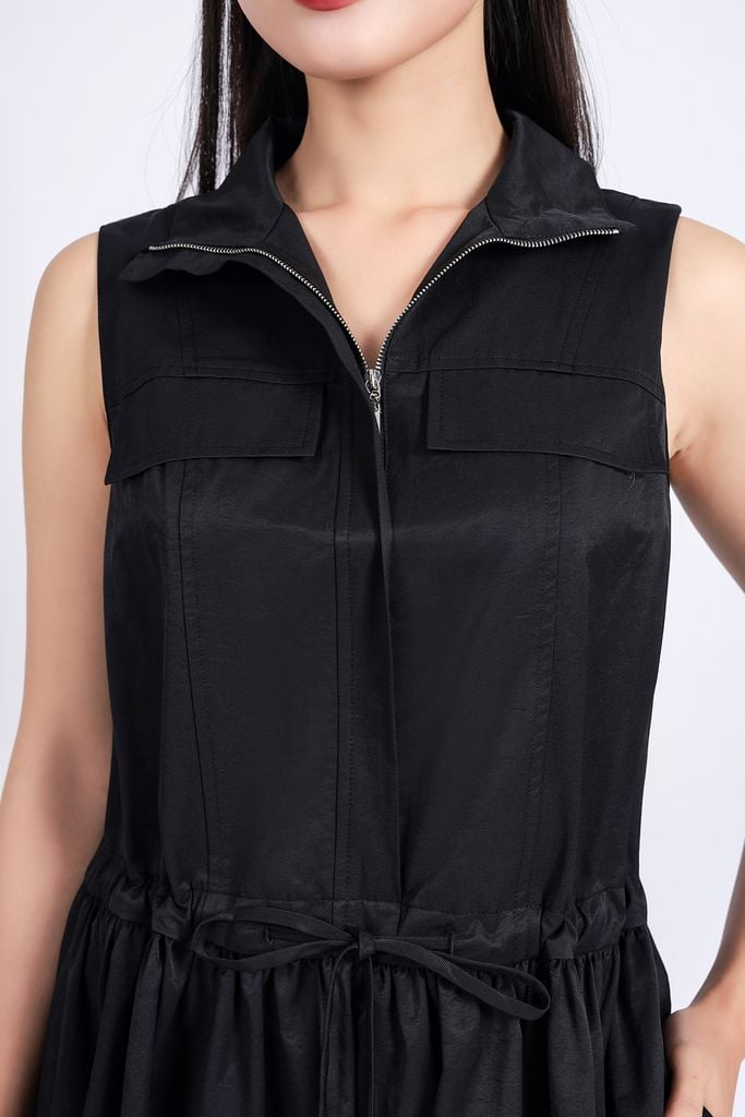 FDC75110 - Đầm công sở vải kaki dáng suông cổ kiểu phối khóa kim loại thời trang thân váy phối nhún rút dây tạo kiểu - PANTIO