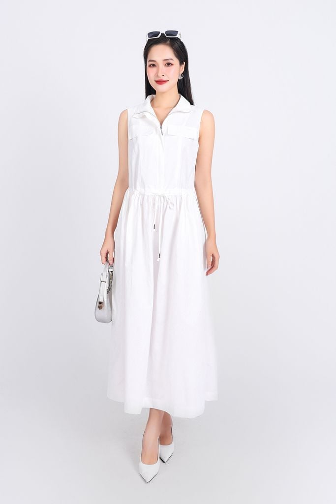 FDC75110 - Đầm công sở vải kaki dáng suông cổ kiểu phối khóa kim loại thời trang thân váy phối nhún rút dây tạo kiểu - PANTIO