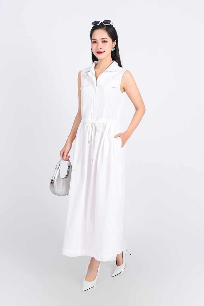 FDC75110 - Đầm công sở vải kaki dáng suông cổ kiểu phối khóa kim loại thời trang thân váy phối nhún rút dây tạo kiểu - PANTIO