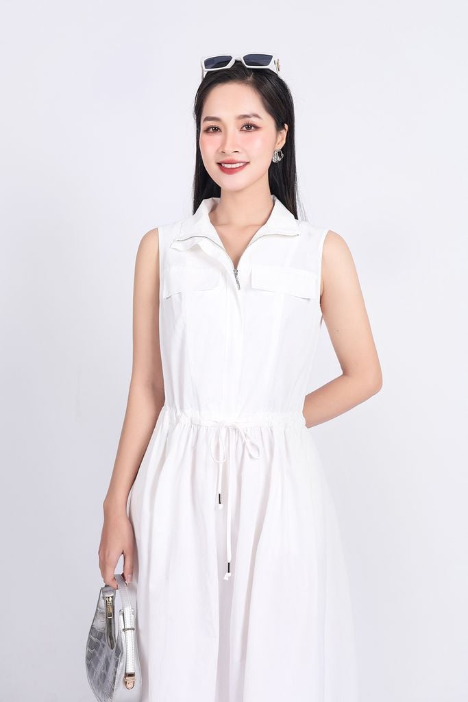 FDC75110 - Đầm công sở vải kaki dáng suông cổ kiểu phối khóa kim loại thời trang thân váy phối nhún rút dây tạo kiểu - PANTIO