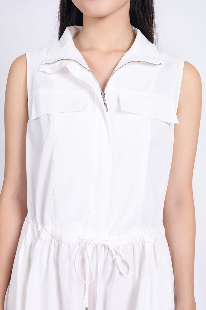 FDC75110 - Đầm công sở vải kaki dáng suông cổ kiểu phối khóa kim loại thời trang thân váy phối nhún rút dây tạo kiểu - PANTIO