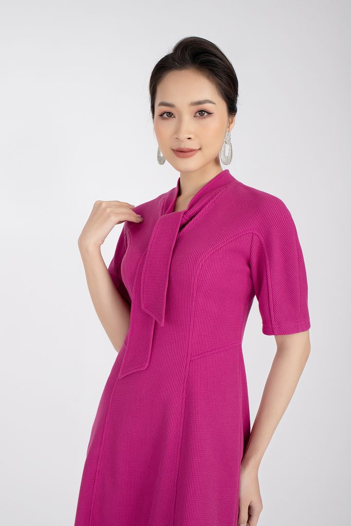 FDC93282 - Đầm công sở chất liệu tuýt-si dày cổ thắt nơ tay lỡ - PANTIO
