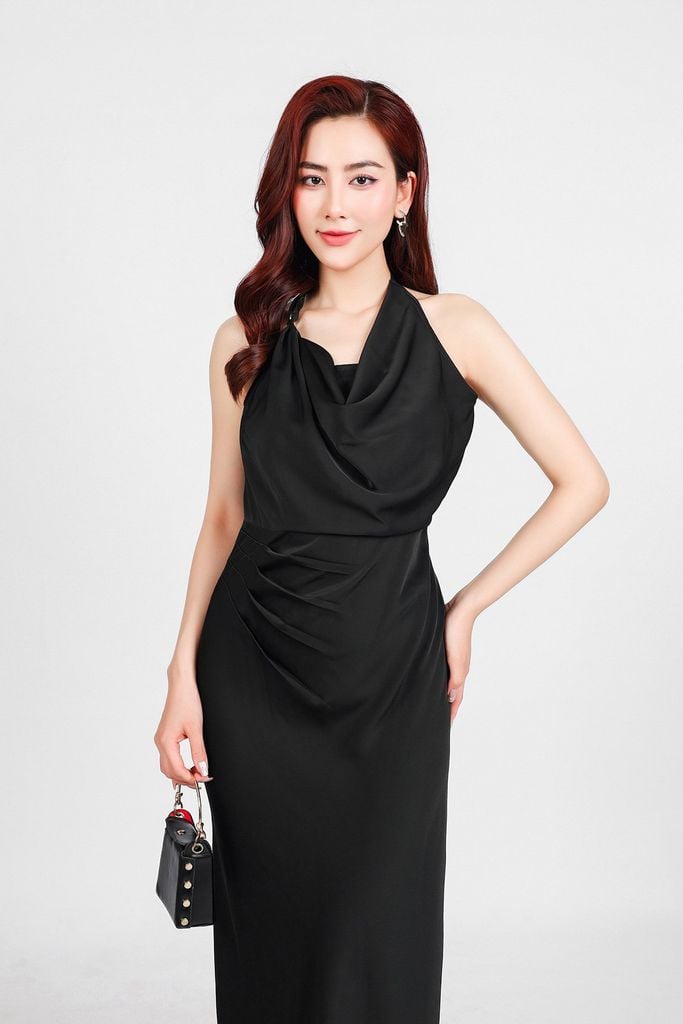 FDC93396 - Đầm công sở vải lụa dày dáng dài chiết eo cổ đổ tạo kiểu khoá sườn - PANTIO