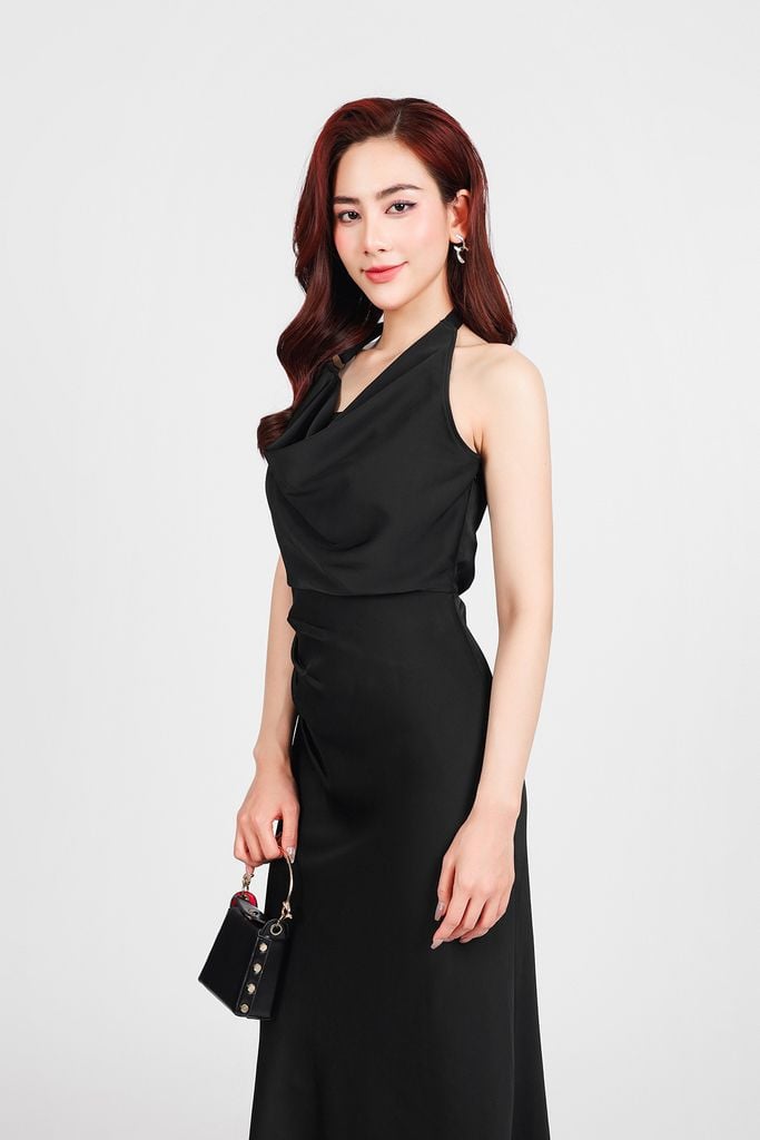 FDC93396 - Đầm công sở vải lụa dày dáng dài chiết eo cổ đổ tạo kiểu khoá sườn - PANTIO