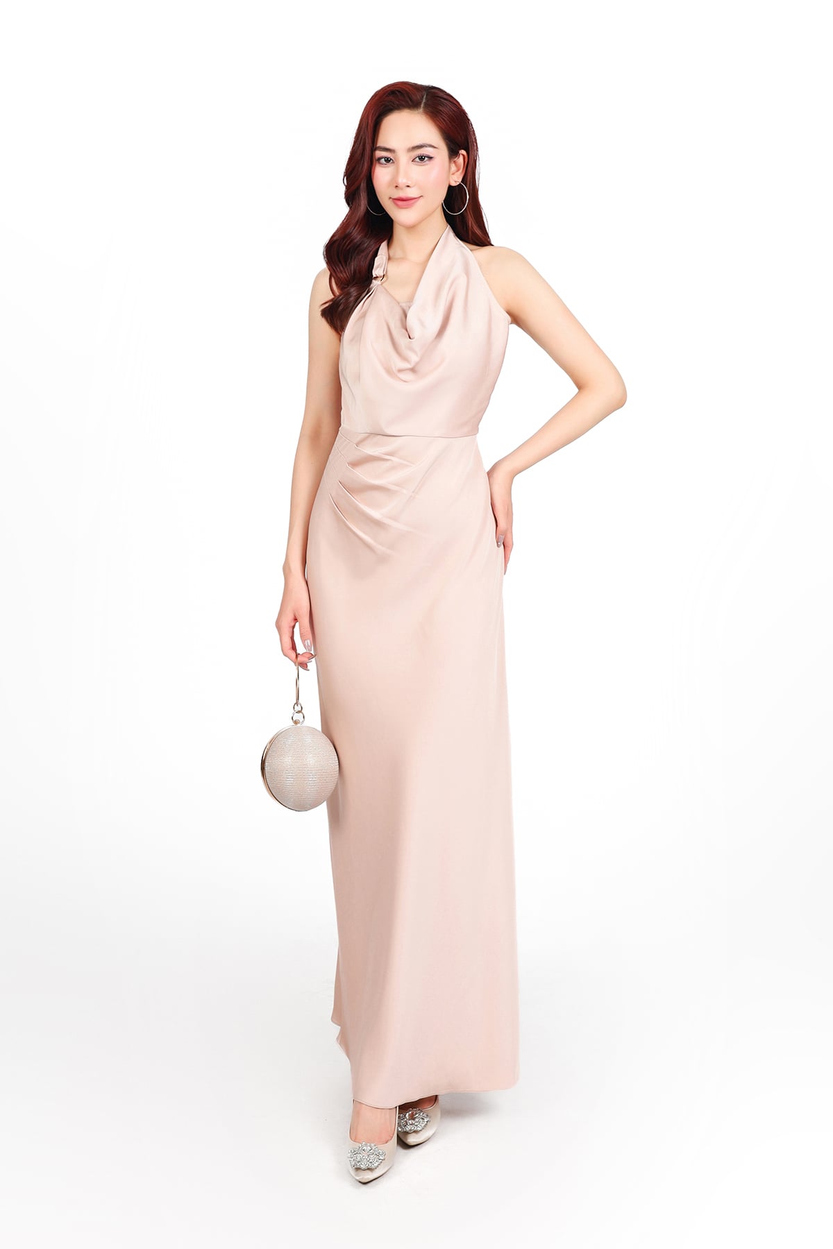 FDC93396 - Đầm công sở vải lụa dày dáng dài chiết eo cổ đổ tạo kiểu khoá sườn - PANTIO