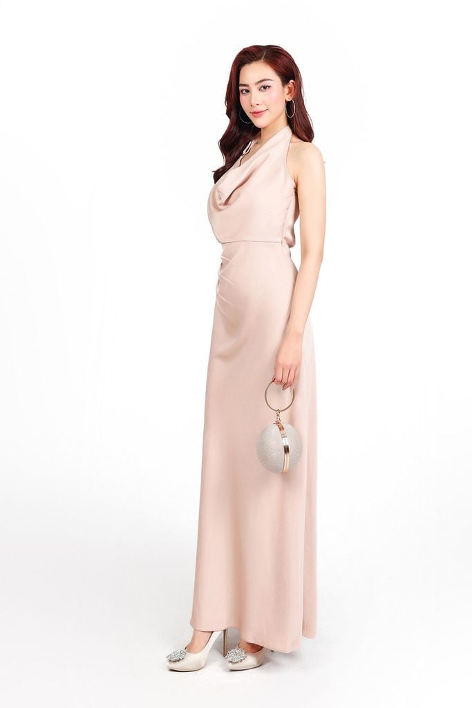 FDC93396 - Đầm công sở vải lụa dày dáng dài chiết eo cổ đổ tạo kiểu khoá sườn - PANTIO