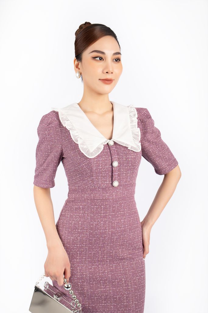 FDC93552 - Đầm công sở vải dạ len dáng ôm cổ kiểu phối vải khác tạo kiểu thân đính khuy trang trí khóa thân sau - PANTIO