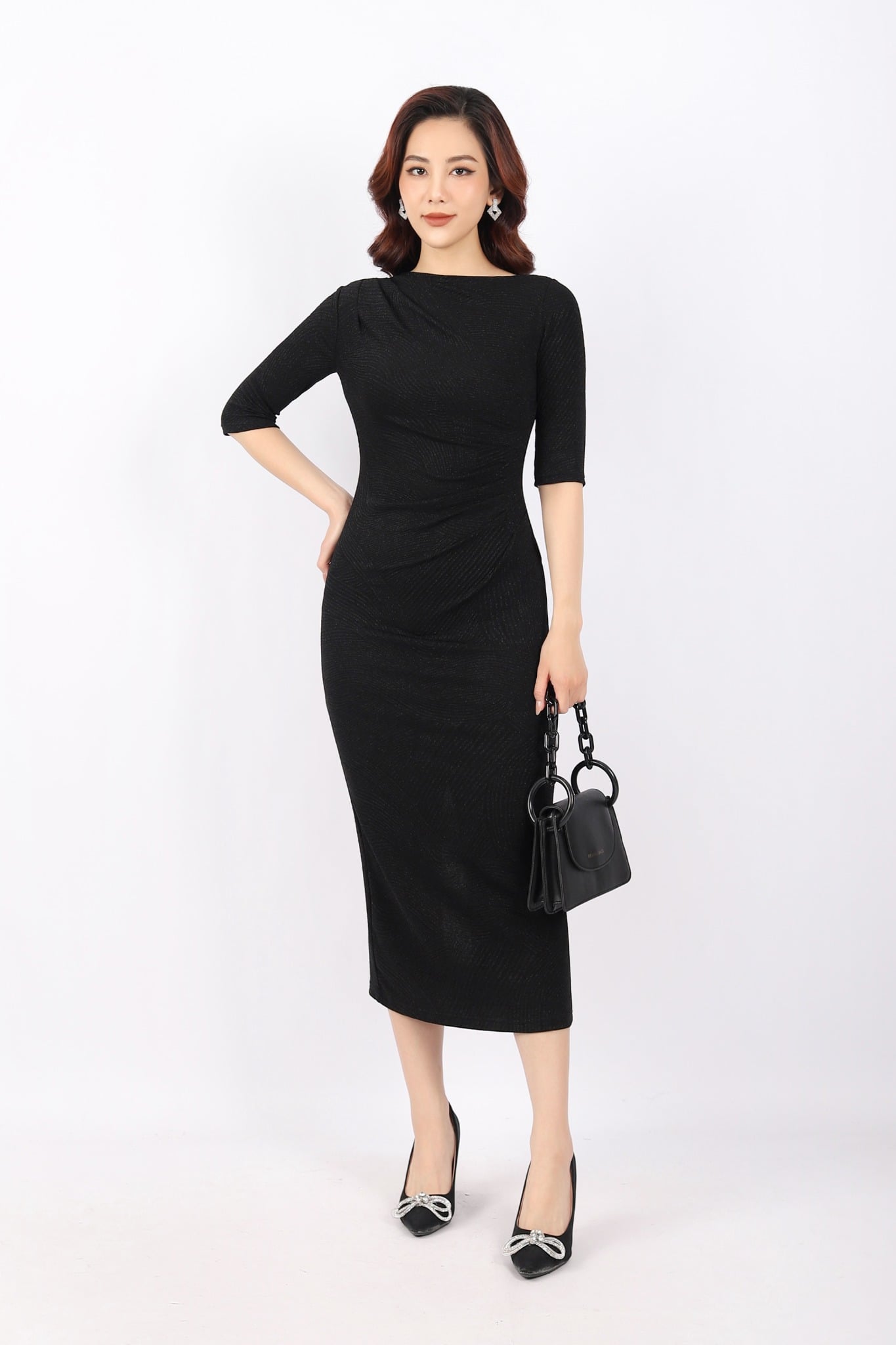 FDC93972 - Đầm công sở vải len dáng ôm cổ thuyền xếp nhún hông tạo kiểu tay lỡ khóa thân sau - PANTIO