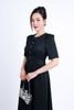 FDC95108 - Đầm công sở vải thô hai lớp lót habutai dáng xoè dài cổ tròn tay bồng nhẹ thân váy phối khuy bọc trang trí khoá thân sau - PANTIO