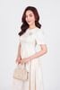 FDC95130 - Đầm công sở vải gấm dáng suông cổ tròn vai bồng nhẹ eo chiết phối ly bung tạo xoè kèm cài áo đính đá cao cấp - PANTIO