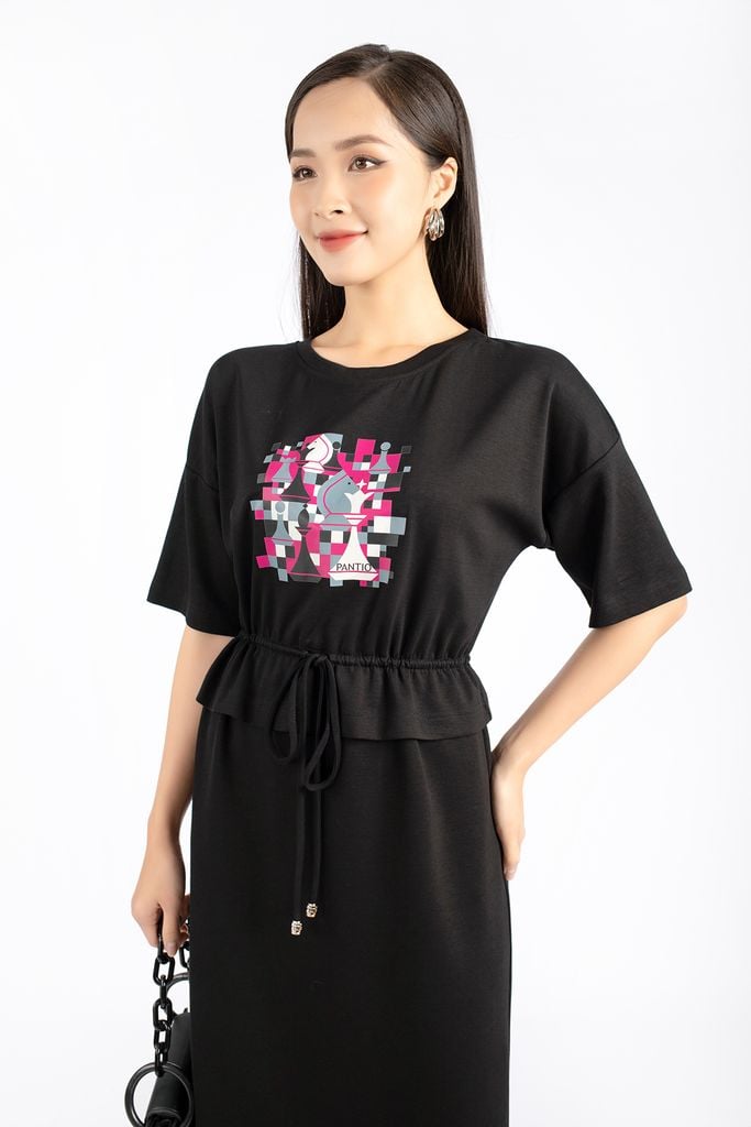 FDD1100 - Đầm thun dạo phố vải cotton dáng suông eo peplum rút dây tạo kiểu phối hình in trang trí - PANTIO