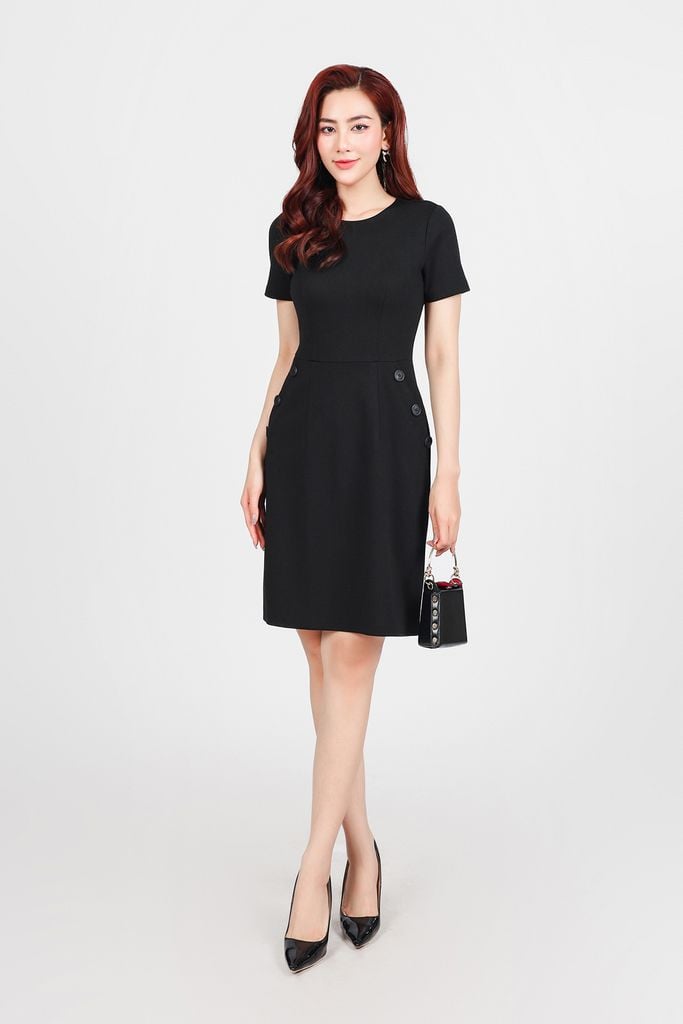 FDD1116 - Đầm dệt kim cao cấp vải cotton dáng chữ A cổ tròn tay ngắn thân váy có túi đính khuy tạo kiểu khoá thân sau - PANTIO