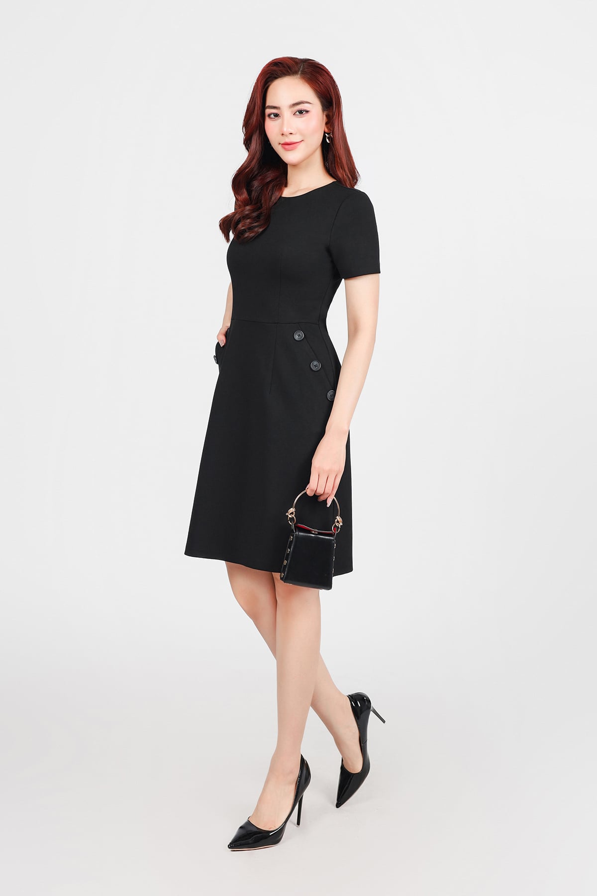 FDD1116 - Đầm dệt kim cao cấp vải cotton dáng chữ A cổ tròn tay ngắn thân váy có túi đính khuy tạo kiểu khoá thân sau - PANTIO