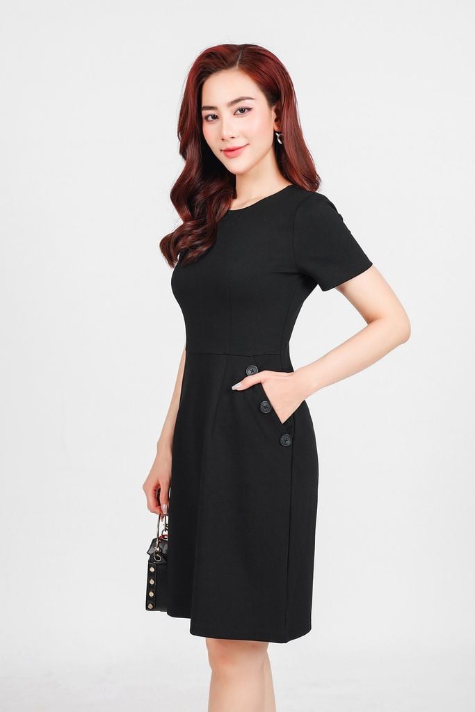 FDD1116 - Đầm dệt kim cao cấp vải cotton dáng chữ A cổ tròn tay ngắn thân váy có túi đính khuy tạo kiểu khoá thân sau - PANTIO