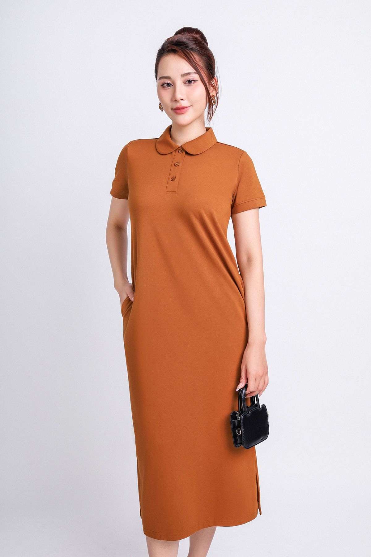 FDD3125 - Đầm thun dạo phố vải cotton dáng suông cổ đức đầu tròn phói nẹp khuy trang trí - PANTIO