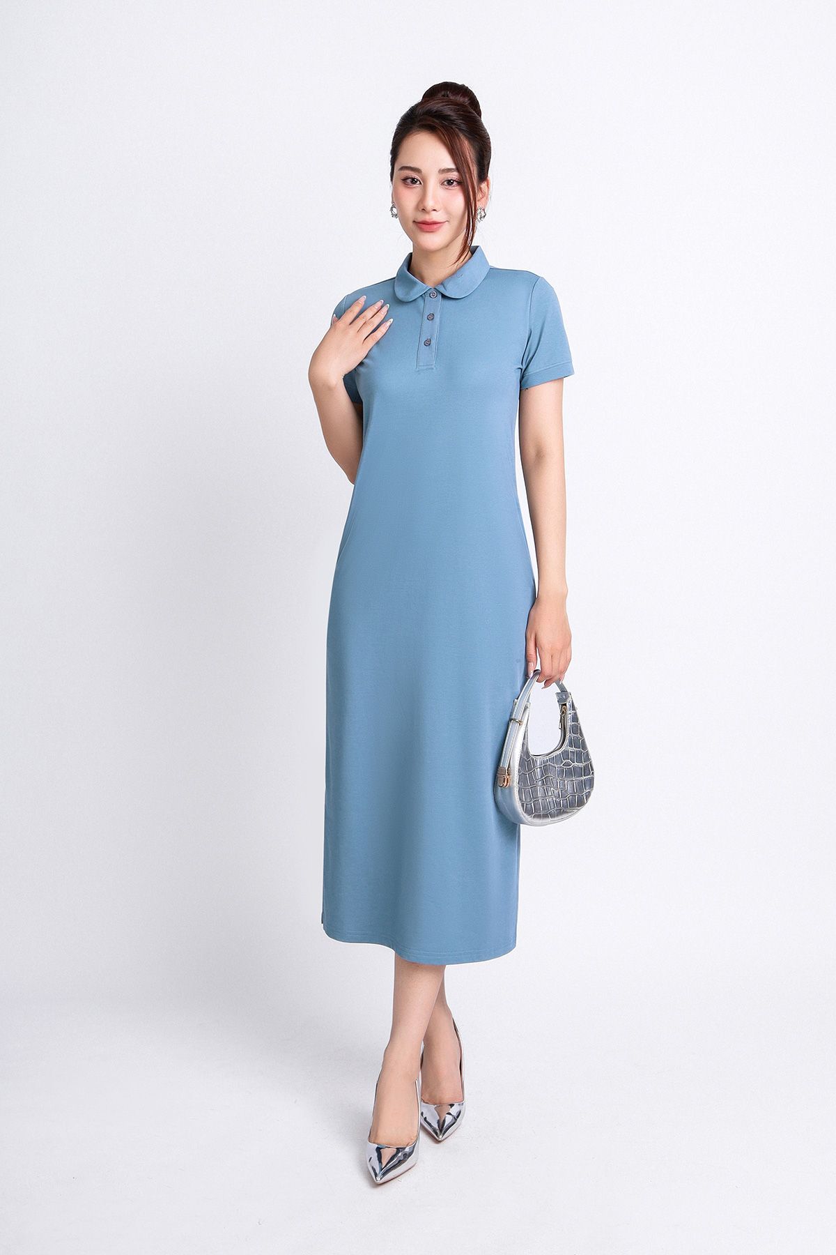 FDD3125 - Đầm thun dạo phố vải cotton dáng suông cổ đức đầu tròn phói nẹp khuy trang trí - PANTIO