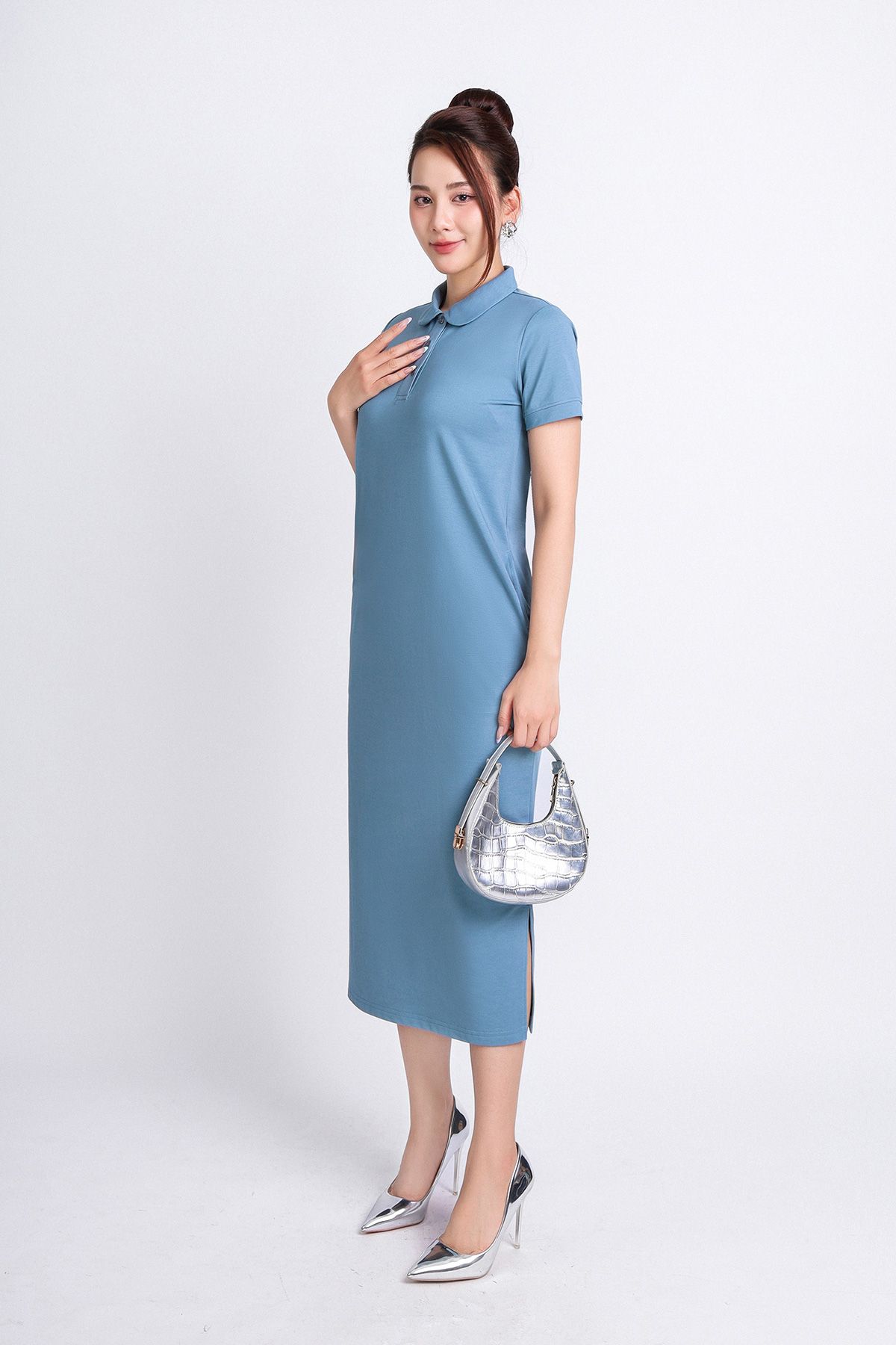 FDD3125 - Đầm thun dạo phố vải cotton dáng suông cổ đức đầu tròn phói nẹp khuy trang trí - PANTIO