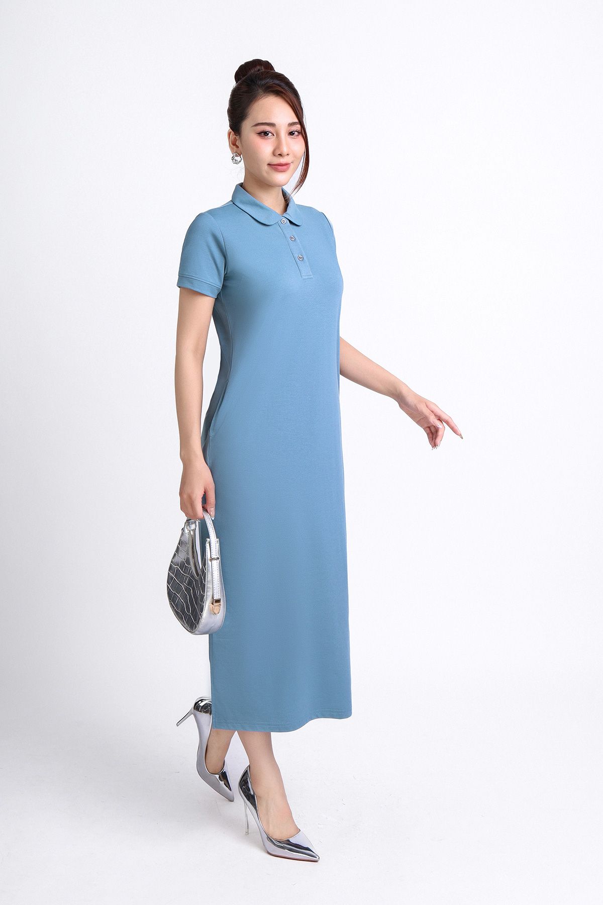 FDD3125 - Đầm thun dạo phố vải cotton dáng suông cổ đức đầu tròn phói nẹp khuy trang trí - PANTIO