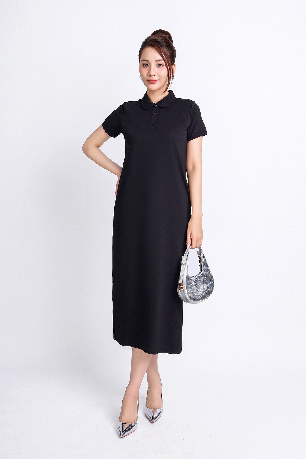 FDD3125 - Đầm thun dạo phố vải cotton dáng suông cổ đức đầu tròn phói nẹp khuy trang trí - PANTIO