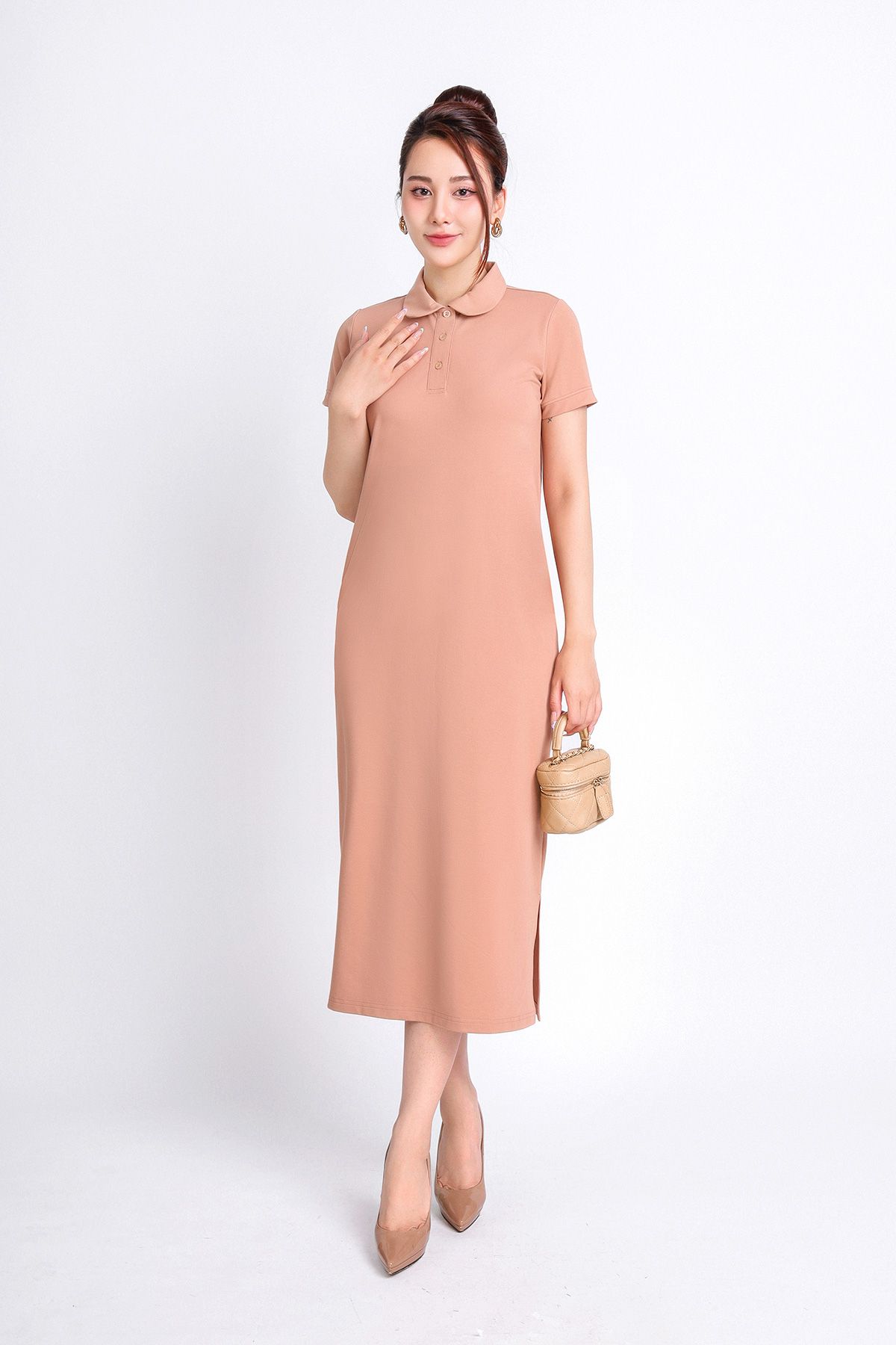 FDD3125 - Đầm thun dạo phố vải cotton dáng suông cổ đức đầu tròn phói nẹp khuy trang trí - PANTIO