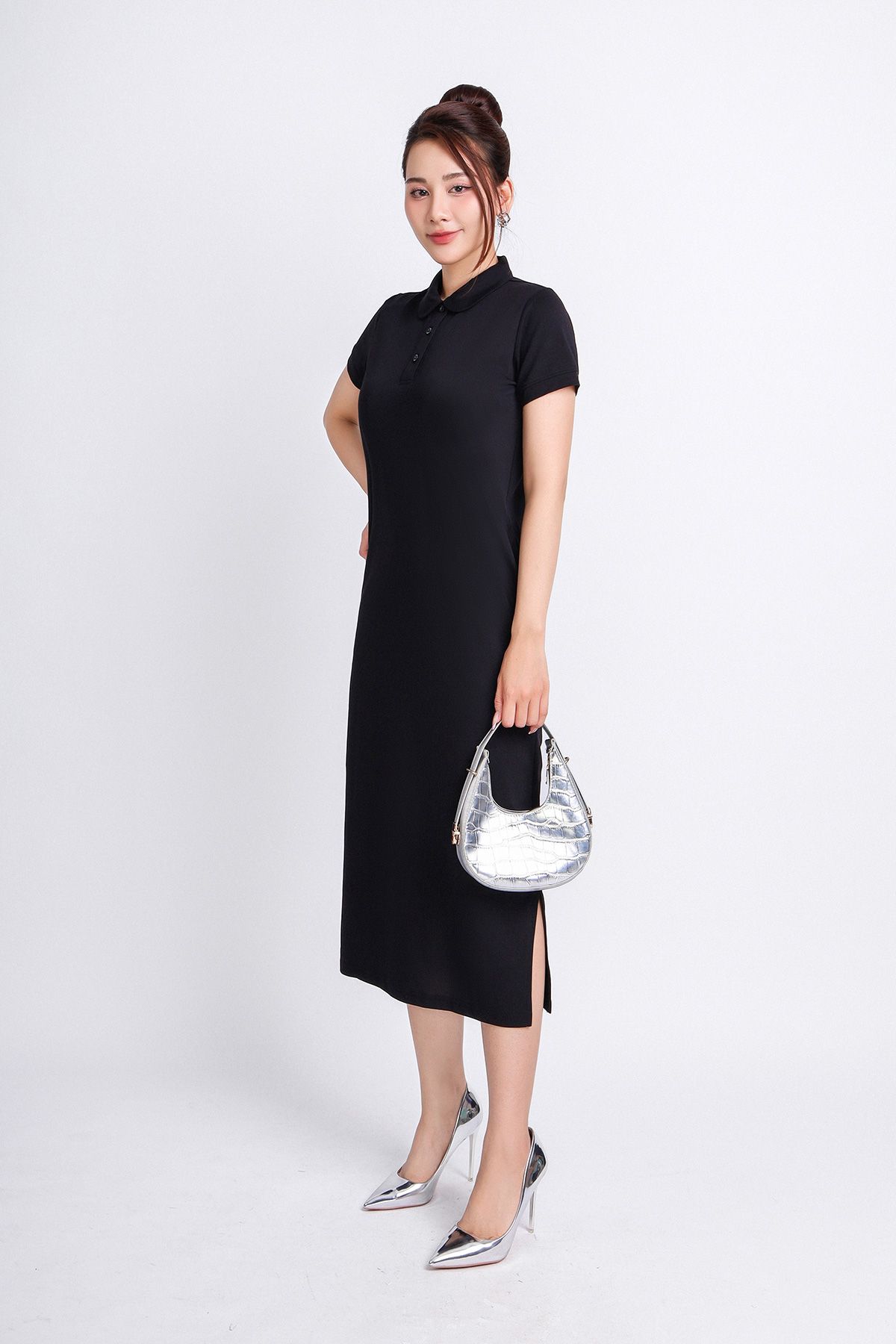 FDD3125 - Đầm thun dạo phố vải cotton dáng suông cổ đức đầu tròn phói nẹp khuy trang trí - PANTIO